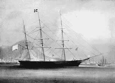 Black and white image of large sailboat at sea